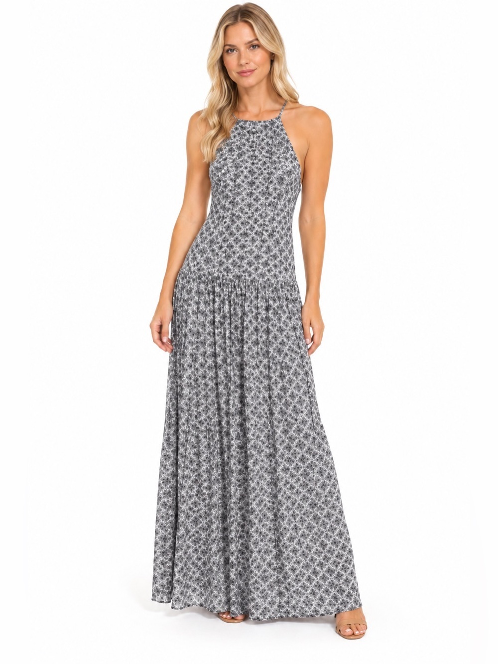 Joie Gray & White Rayon Sleeveless Helter Neck Maxi Dress Women's Size XS